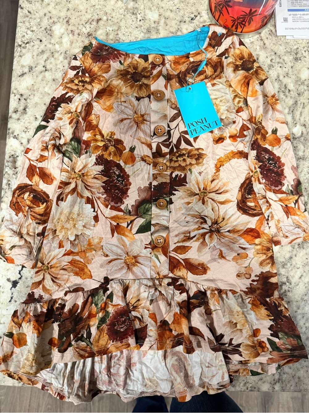 Posh Peanut Brown & Cream Floral Button-Front Ruffle Dress